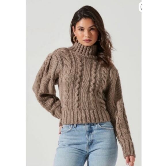 ASTR the LABEL Chunky Cable-Knit Mock Neck Brown Sweater, S - Picture 2 of 7